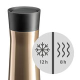 Impulse Isolierbecher 0,35l in seitlicher Ansicht, hält Getränke 12 Stunden kalt und 8 Stunden warm.