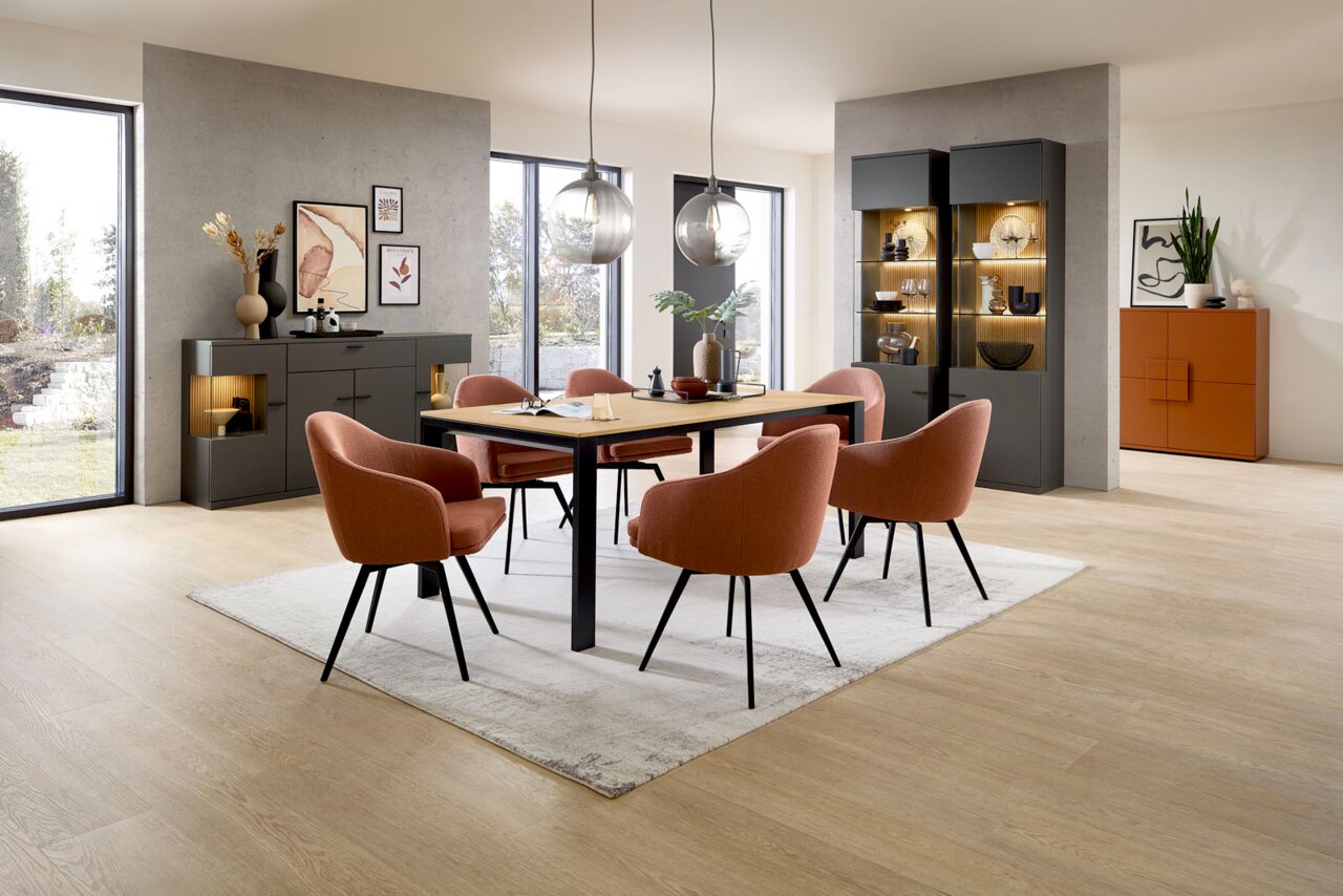 Esszimmer mit modernem Esstisch und sechs Stühlen in einem hellen Raum, Perspektive von vorne