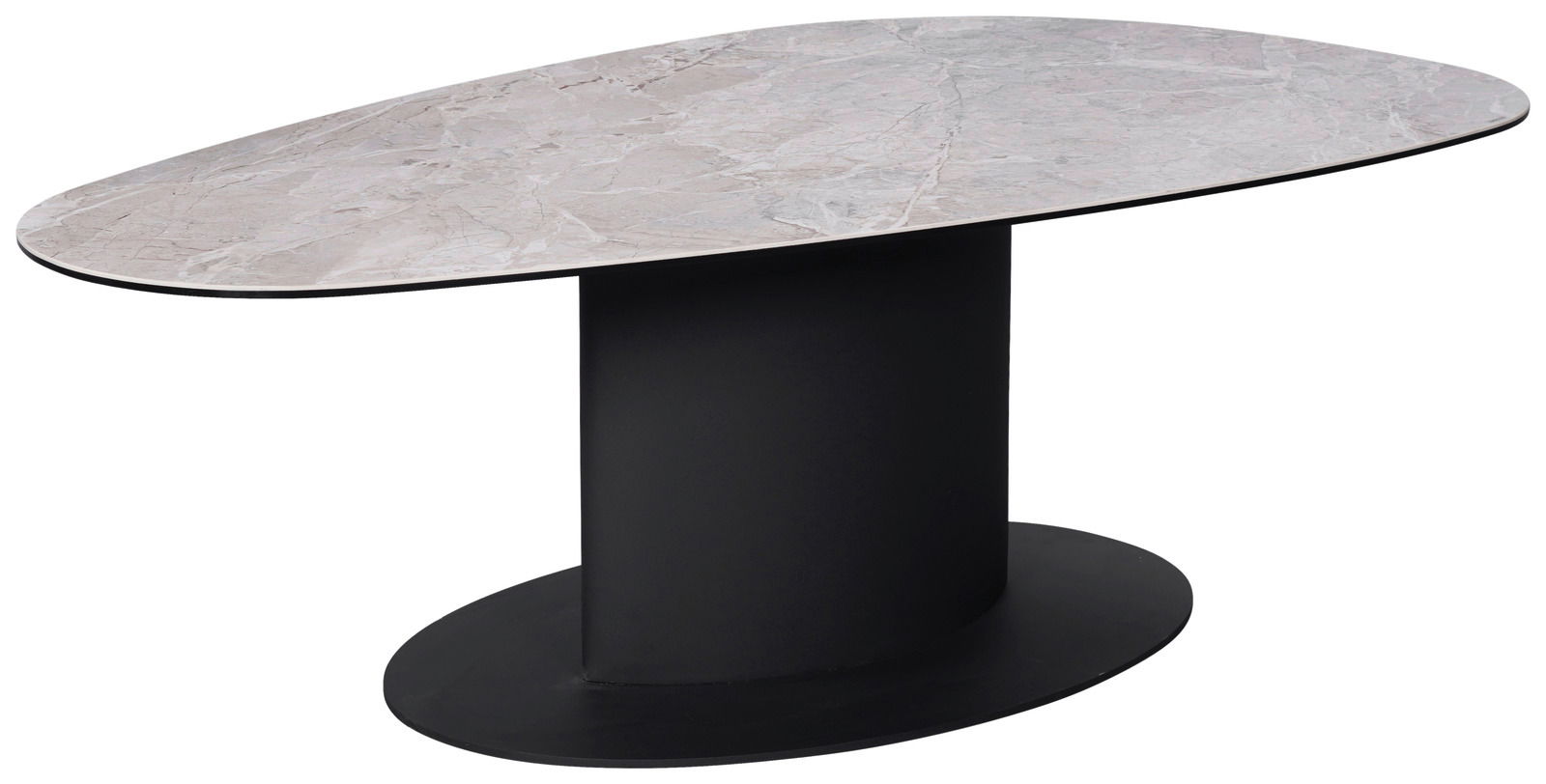 Moderner Couchtisch mit ovaler Marmorplatte und schwarzem, ovalem Sockel, seitliche Perspektive