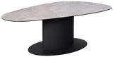 Moderner Couchtisch mit ovaler Marmorplatte und schwarzem, ovalem Sockel, seitliche Perspektive