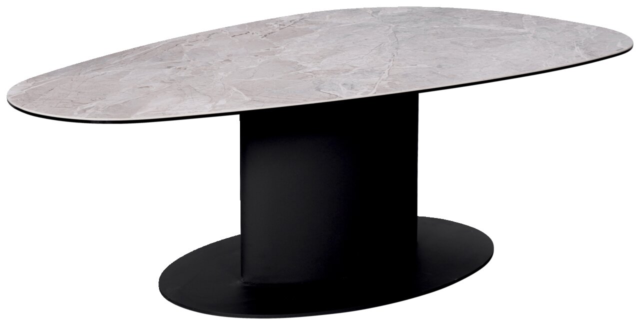 Dieter Knoll Couchtisch LUGANO Moderner Couchtisch mit ovaler Marmorplatte und schwarzem, ovalem Sockel, seitliche Perspektive