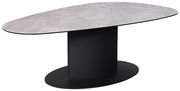 Moderner Couchtisch mit ovaler Marmorplatte und schwarzem, ovalem Sockel, seitliche Perspektive