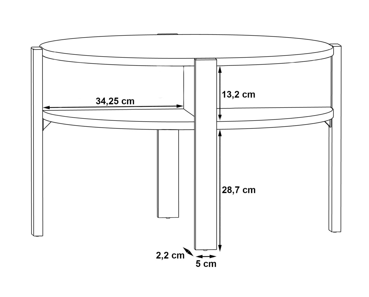 Technische tekening van een ronde salontafel met twee niveaus, zijaanzicht. Afmetingen: diameter van het bovenste niveau 34,25 cm, hoogte van het bovenste niveau 13,2 cm, hoogte van het onderste niveau 28,7 cm, breedte van de tafelpoten 5 cm, afstand tuss