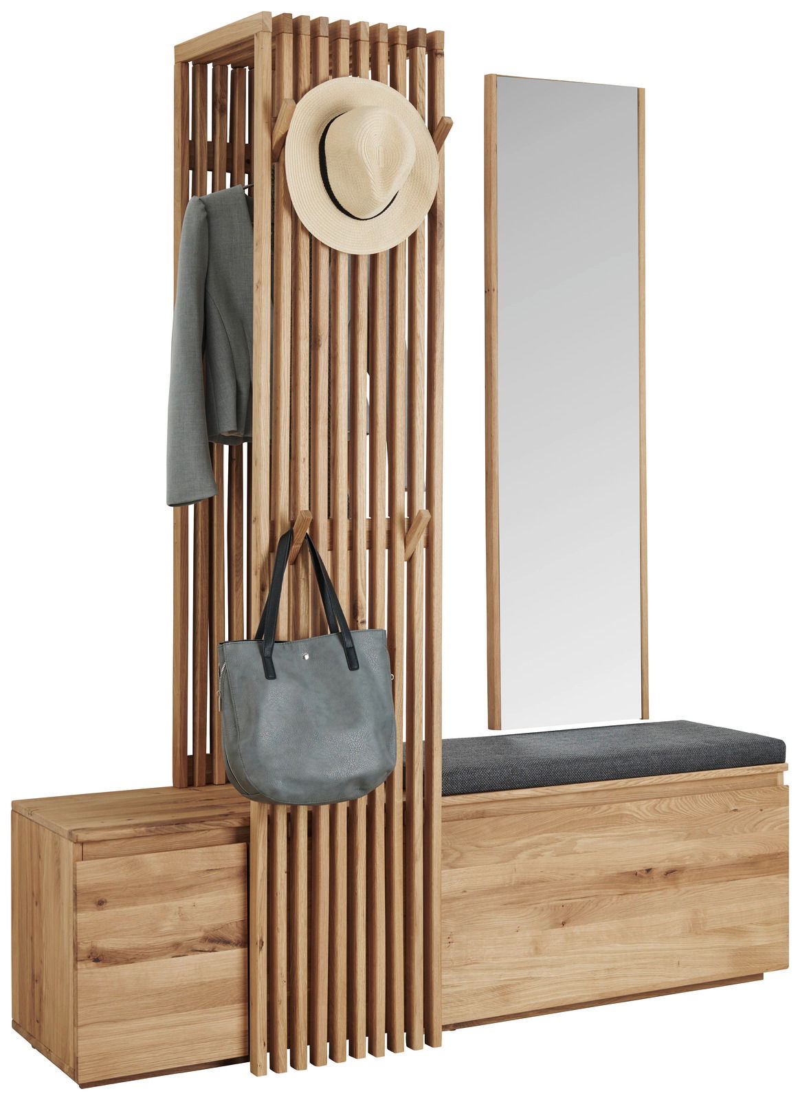 Moderne Garderobe aus Holz mit Spiegel, Sitzbank und Haken, seitliche Perspektive