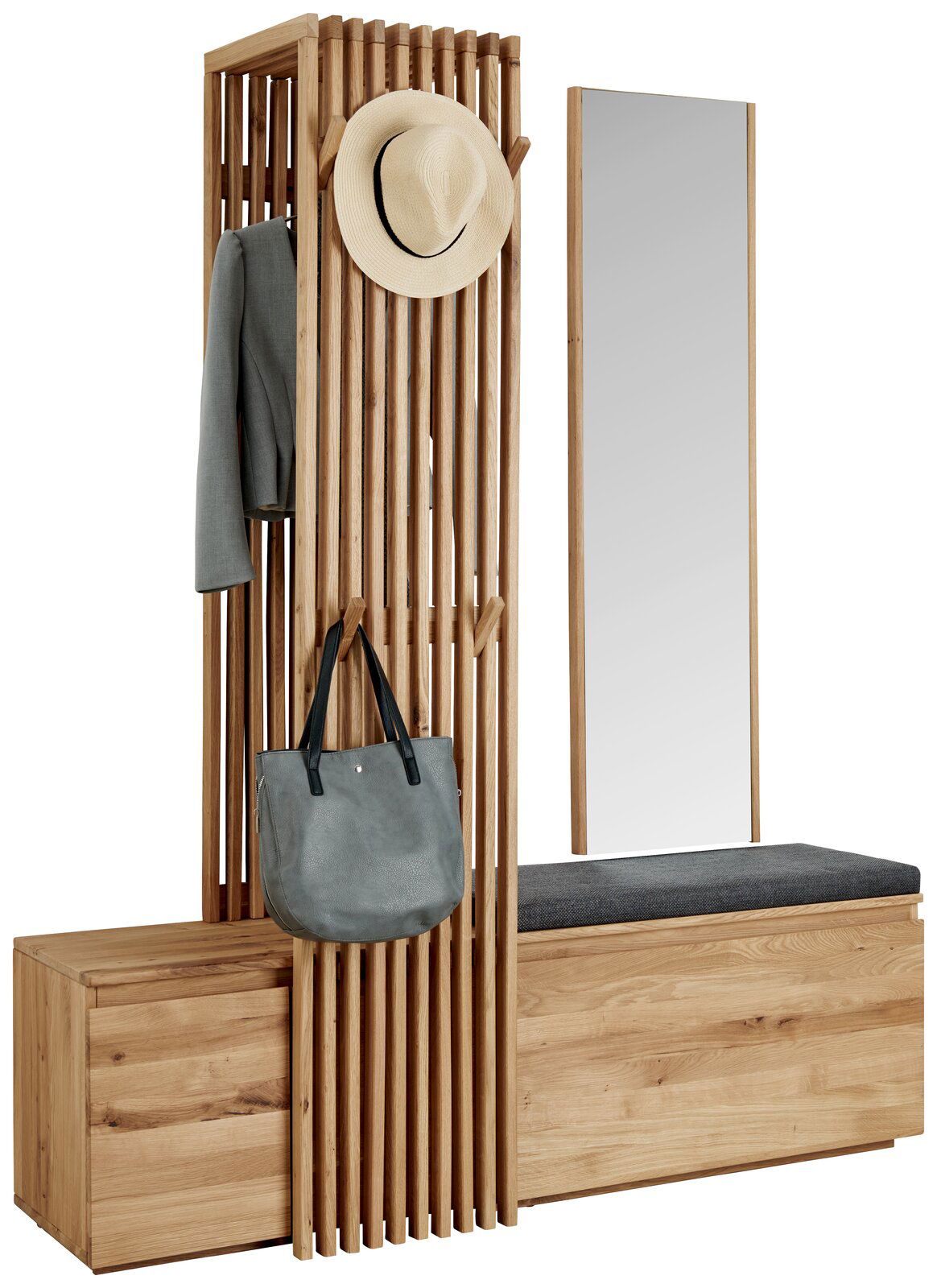 Linea Natura Garderobe STUDIO LINE Moderne Garderobe aus Holz mit Spiegel, Sitzbank und Haken, seitliche Perspektive