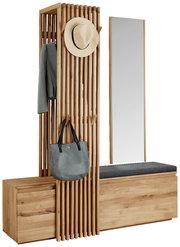 Moderne Garderobe aus Holz mit Spiegel, Sitzbank und Haken, seitliche Perspektive