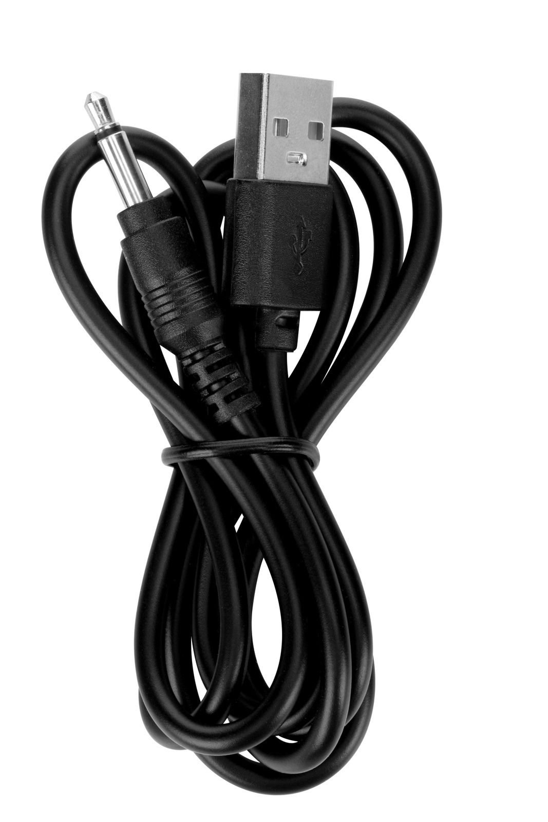 Schwarzes USB-Ladekabel mit Klinkenstecker, von oben fotografiert