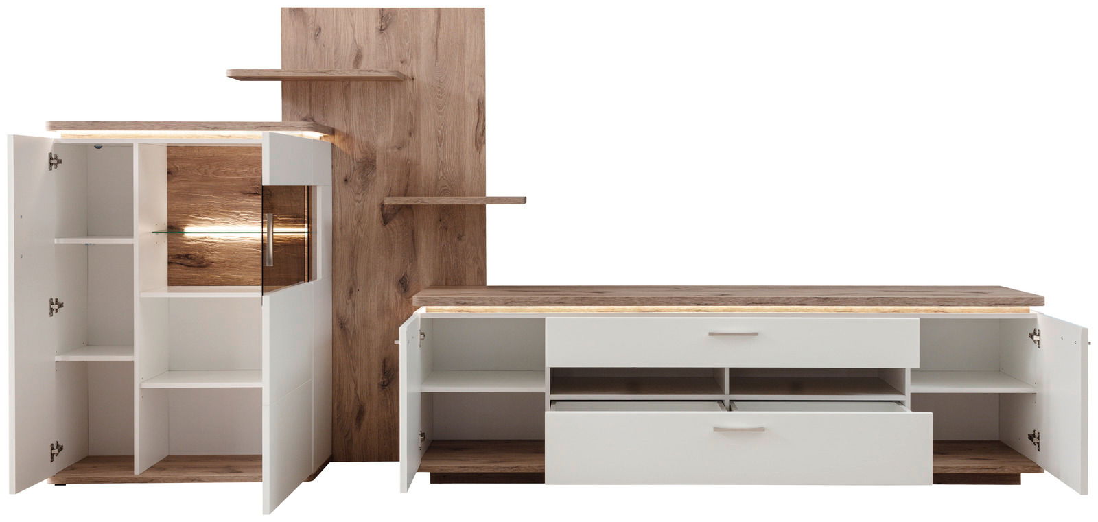 Frontale Ansicht einer modernen Wandkombination mit weißen Schränken und Holzregalen, ideal für stilvolle Wohnräume.