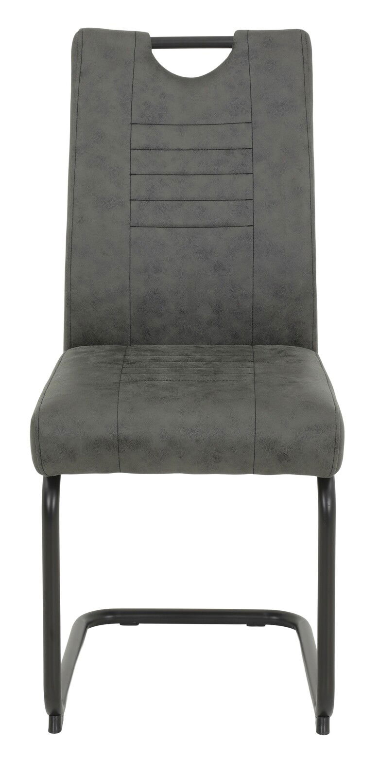 Moderner Schwingstuhl in grauem Stoff mit schwarzem Metallgestell, Frontalansicht