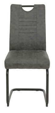 Moderner Schwingstuhl in grauem Stoff mit schwarzem Metallgestell, Frontalansicht