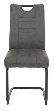 Moderner Schwingstuhl in grauem Stoff mit schwarzem Metallgestell, Frontalansicht