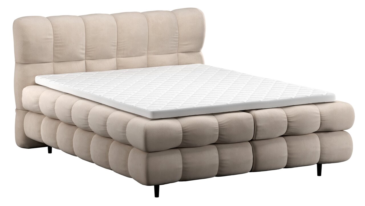 Boxbett mit gepolstertem Kopfteil und gestepptem Topper, seitliche Perspektive