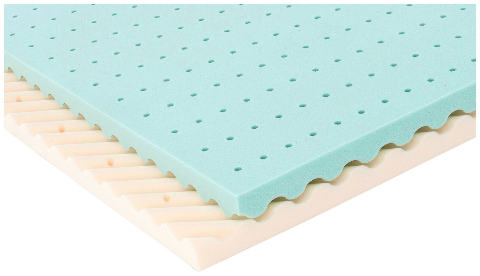 Träumeland Jugendmatratze POLARLICHT Seitenansicht einer zweilagigen Jugendmatratze mit grüner und weißer Schicht, perforiert für Belüftung.