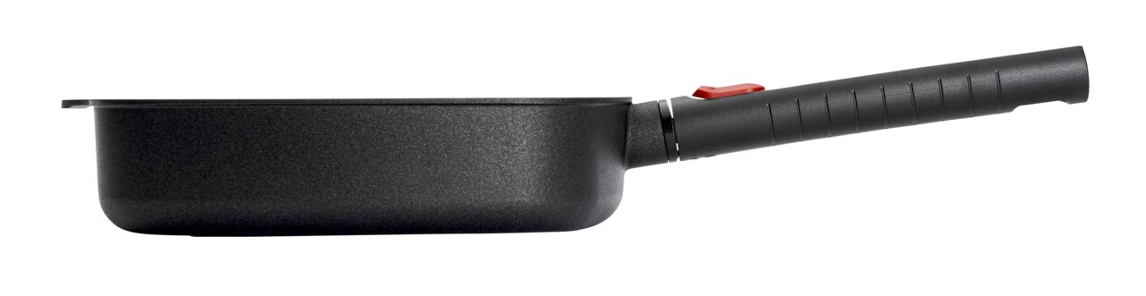 Seitenansicht einer quadratischen Guss-Viereckpfanne mit abnehmbarem Griff, 24x24cm, in schwarzer Farbe.