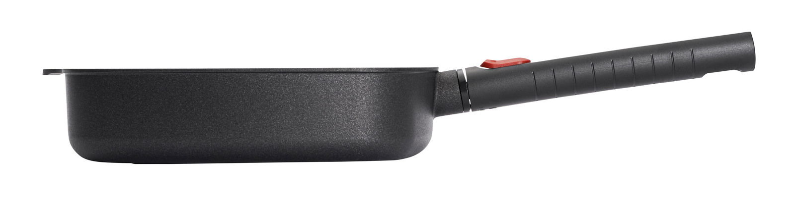 Seitenansicht einer quadratischen Guss-Viereckpfanne mit abnehmbarem Griff, 24x24cm, in schwarzer Farbe.