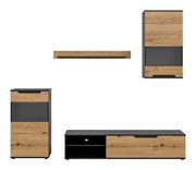 Modernes TV-Lowboard und passende Schränke in Holzoptik mit anthrazitfarbenem Korpus, Frontansicht/Frontalperspektive auf weißem Hintergrund