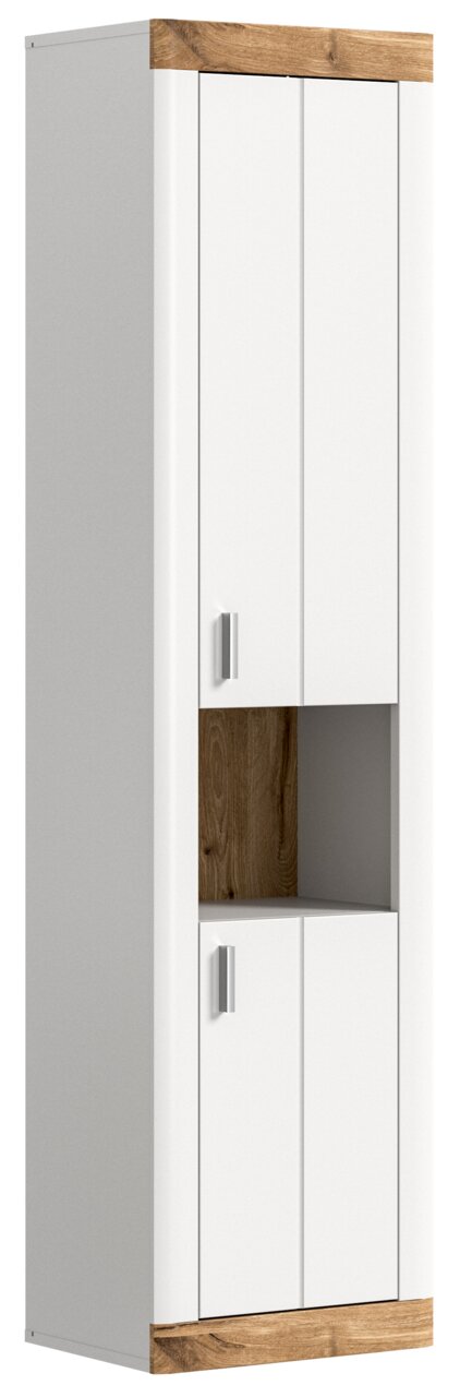 Moderner Hängeschrank in Weiß mit Holzdetails, Frontansicht