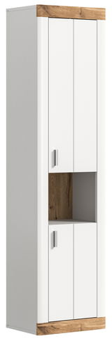 Moderner Hängeschrank in Weiß mit Holzdetails, Frontansicht