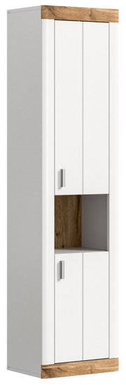 Moderner Hängeschrank in Weiß mit Holzdetails, Frontansicht