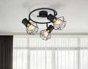 Deckenstrahler aus schwarzem Metall mit drei geometrischen Lampenschirmen, Perspektive von unten