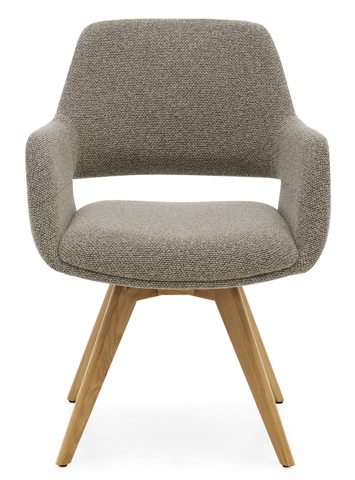 Moderner Armlehnstuhl mit grauem Stoffbezug und Holzbeinen, Frontalansicht
