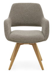 Moderner Armlehnstuhl mit grauem Stoffbezug und Holzbeinen, Frontalansicht