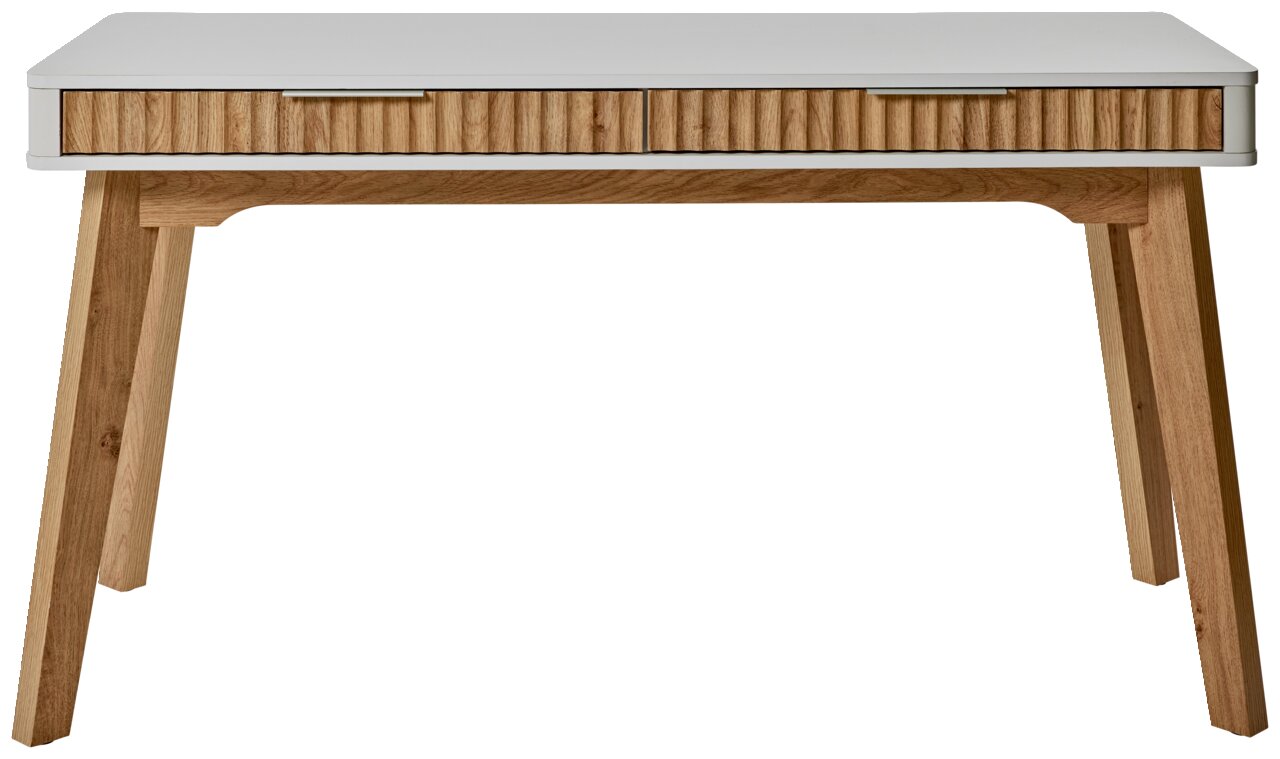 Moderner Schreibtisch mit weißer Tischplatte und Holzbeinen, Frontalansicht
