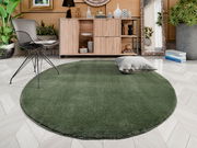 Runder, grüner Teppich Soft Dream ca. 120cm in einem modernen Wohnzimmer mit Pflanzen, einem Stuhl und einem Kissen, aus der Vogelperspektive.