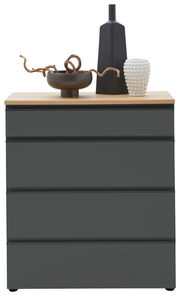 Schubkastenkommode in dunklem Grau mit vier Schubladen, dekoriert mit einer schwarzen Vase, einer weißen strukturierten Vase und einer Schale mit Zweigen, aus der Frontalperspektive.