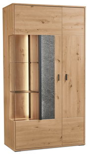 Vitrine aus Holz mit Glasfront und Beleuchtung, Ansicht von vorne links