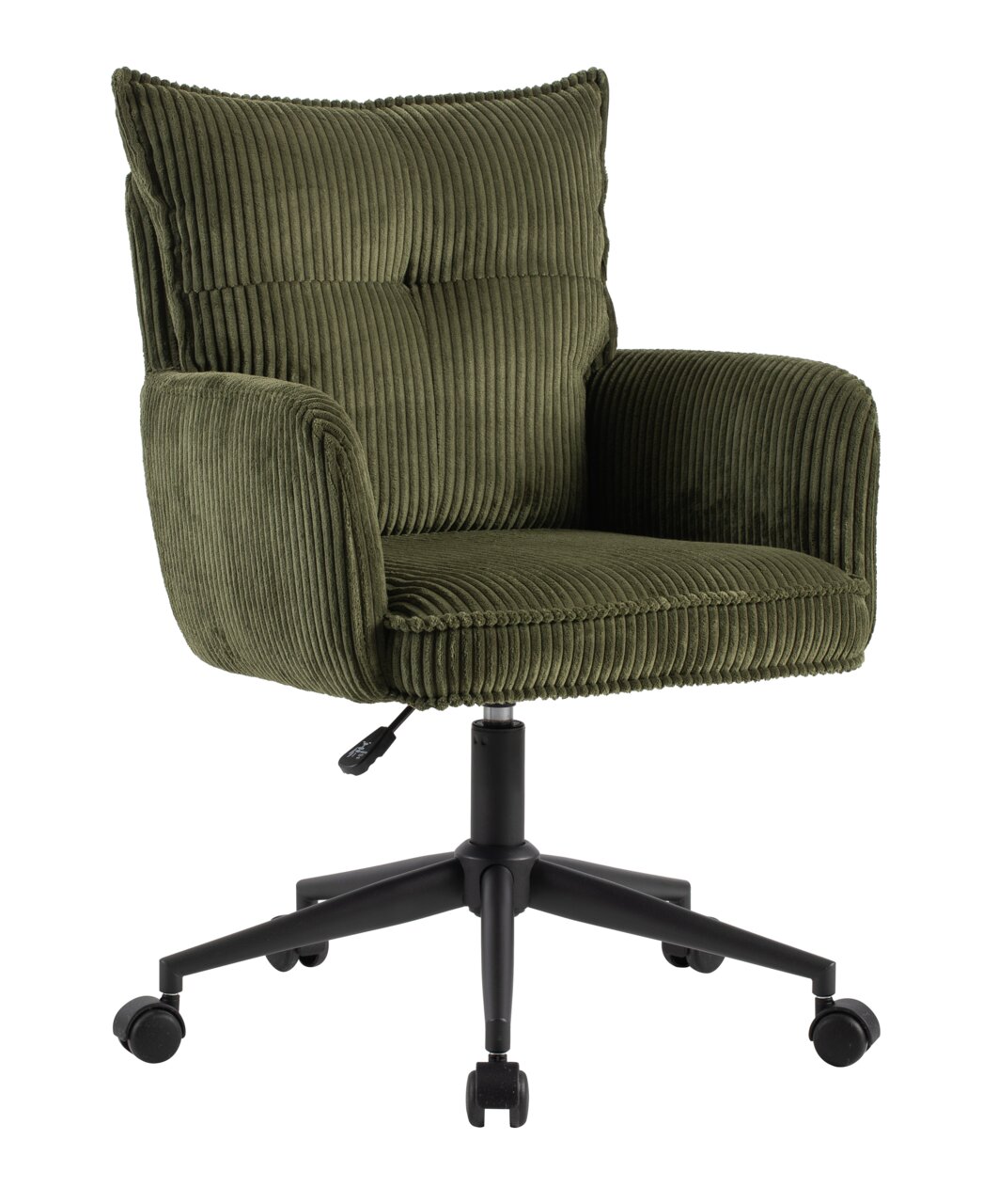 Carryhome Drehstuhl LUCIE Grüner Drehstuhl mit geripptem Stoffbezug, Armlehnen und schwarzem Fußkreuz auf Rollen, seitliche Perspektive