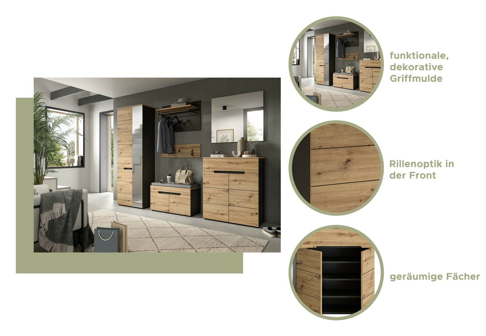 Moderne Garderobenkombination in Holzoptik mit funktionalen Griffmulden, Rillenoptik und geräumigen Fächern, seitliche Perspektive