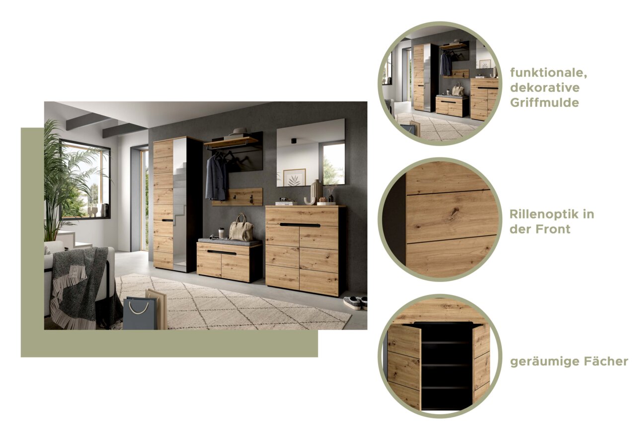Moderne Garderobenkombination in Holzoptik mit funktionalen Griffmulden, Rillenoptik und geräumigen Fächern, seitliche Perspektive
