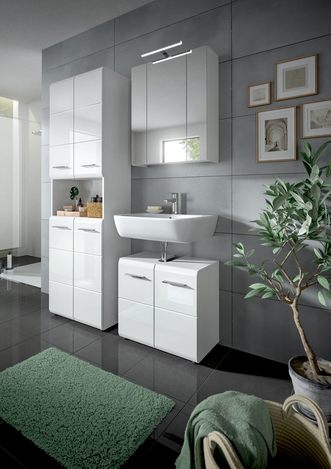 MID.YOU Badkombination ICE Moderne Badkombination mit weißem Hochglanzschrank, Waschbecken und Spiegelschrank, seitliche Perspektive