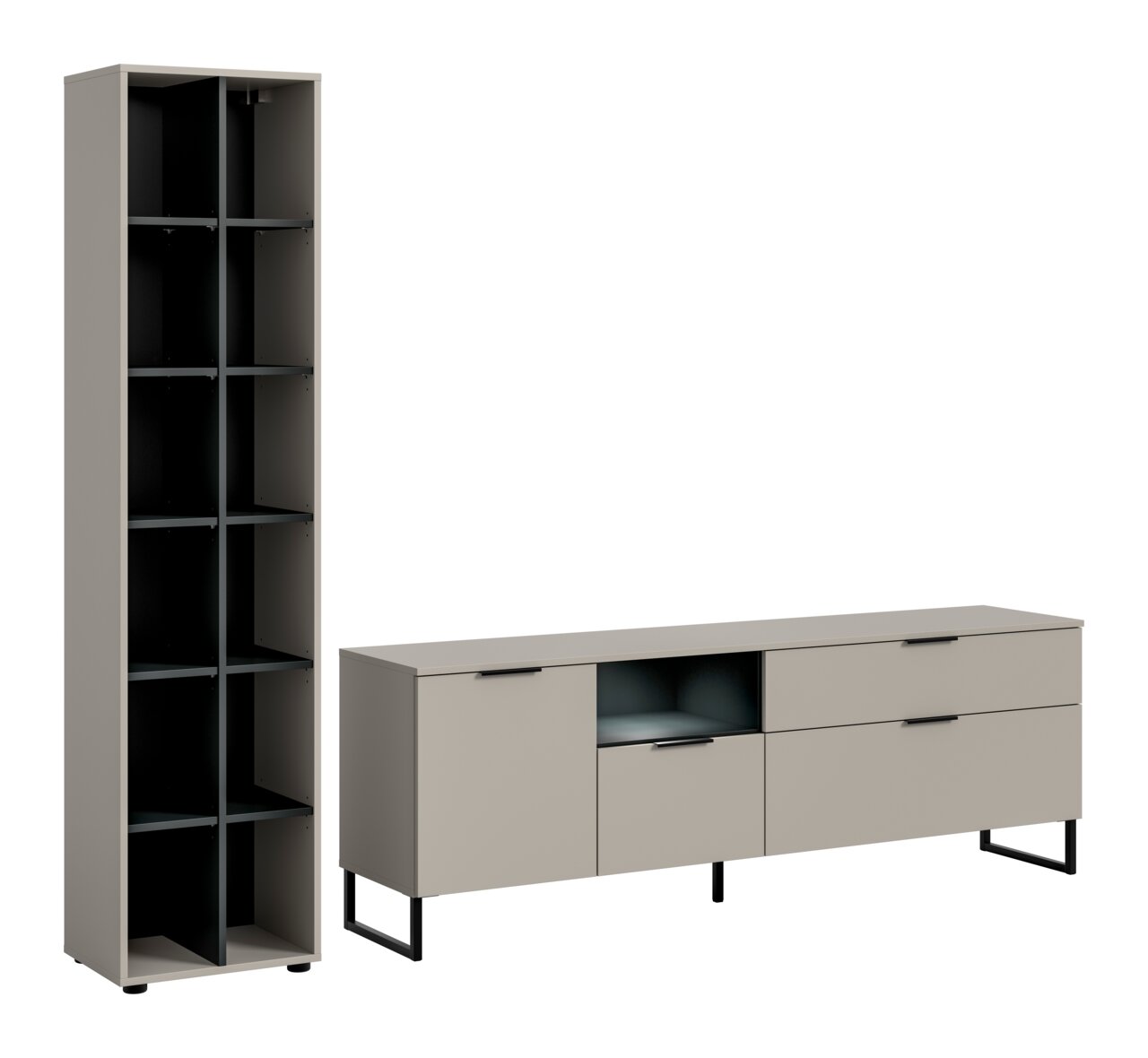 MID.YOU Wohnkombination inkl. LED NOIDA Modernes Möbel-Set in Taupe: hoher offener Regalschrank mit mehreren Fächern und niedriges Sideboard mit Türen, Schubladen und offenem Fach auf schwarzen Metallfüßen, in frontaler leicht schräger Perspektive freigestellt auf weißem Hintergrund.