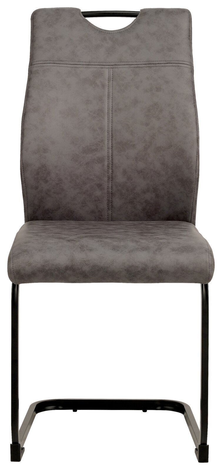 Moderner grauer Schwingstuhl mit schwarzem Metallgestell, Frontalansicht