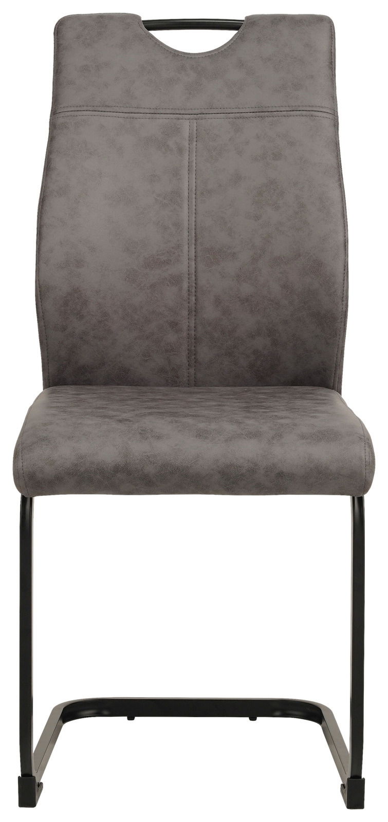 Moderner grauer Schwingstuhl mit schwarzem Metallgestell, Frontalansicht