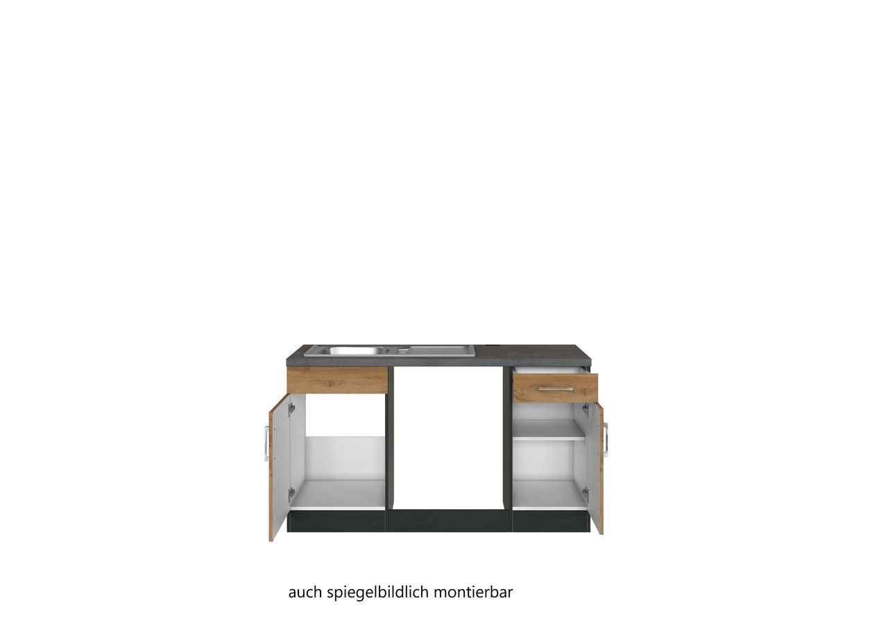 Frontansicht einer Eck-Küchenzeile mit Spüle und offenen Schränken, auch spiegelbildlich montierbar.