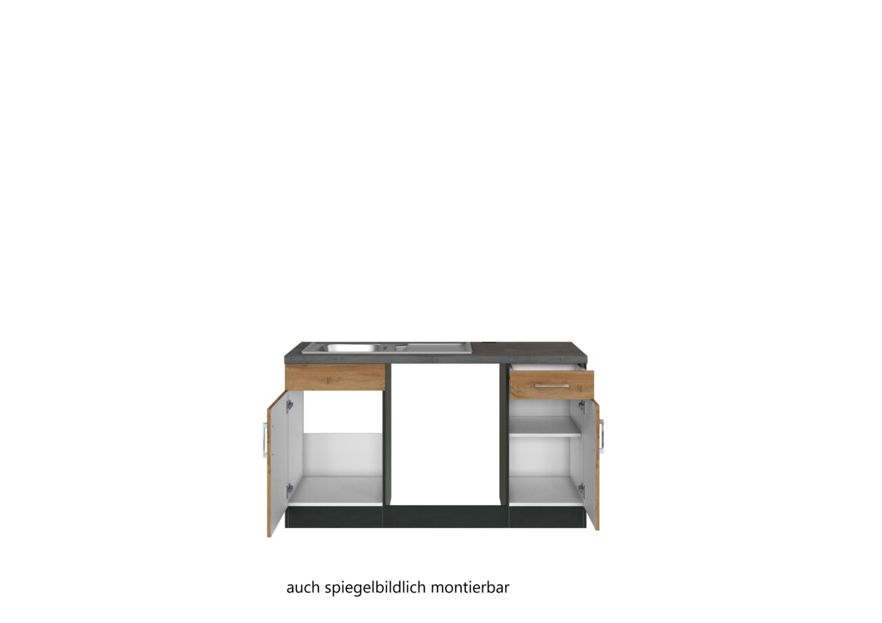 Frontansicht einer Eck-Küchenzeile mit Spüle und offenen Schränken, auch spiegelbildlich montierbar.