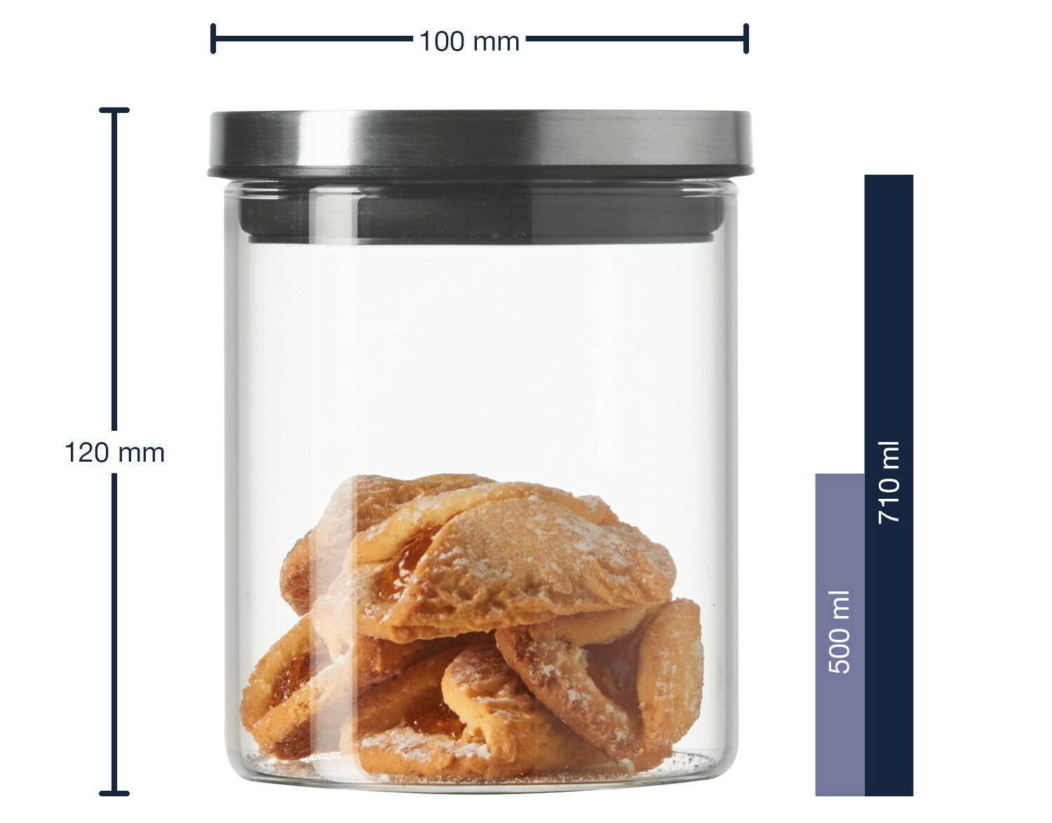 Glasdose Comodo 500ml mit schwarzem Deckel, gefüllt mit Keksen, seitliche Ansicht