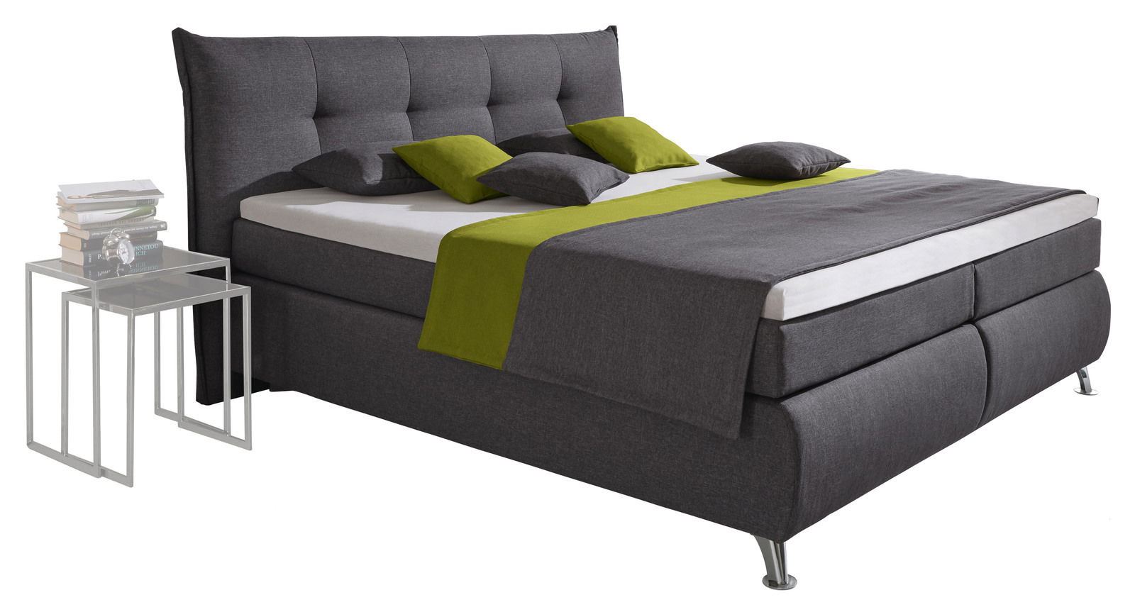 Boxspringbett in dunklem Grau mit grünem Akzent, seitliche Perspektive