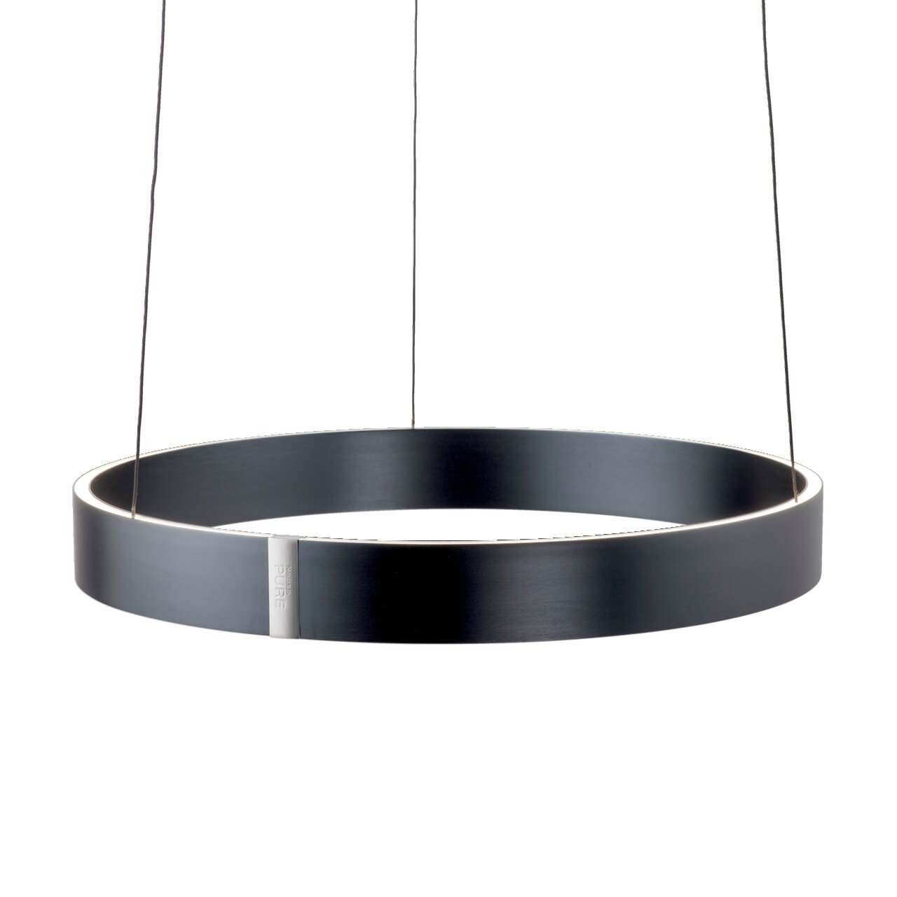 Moderne schwarze Pendelleuchte PURE E-Clipse in Ringform, seitliche Perspektive