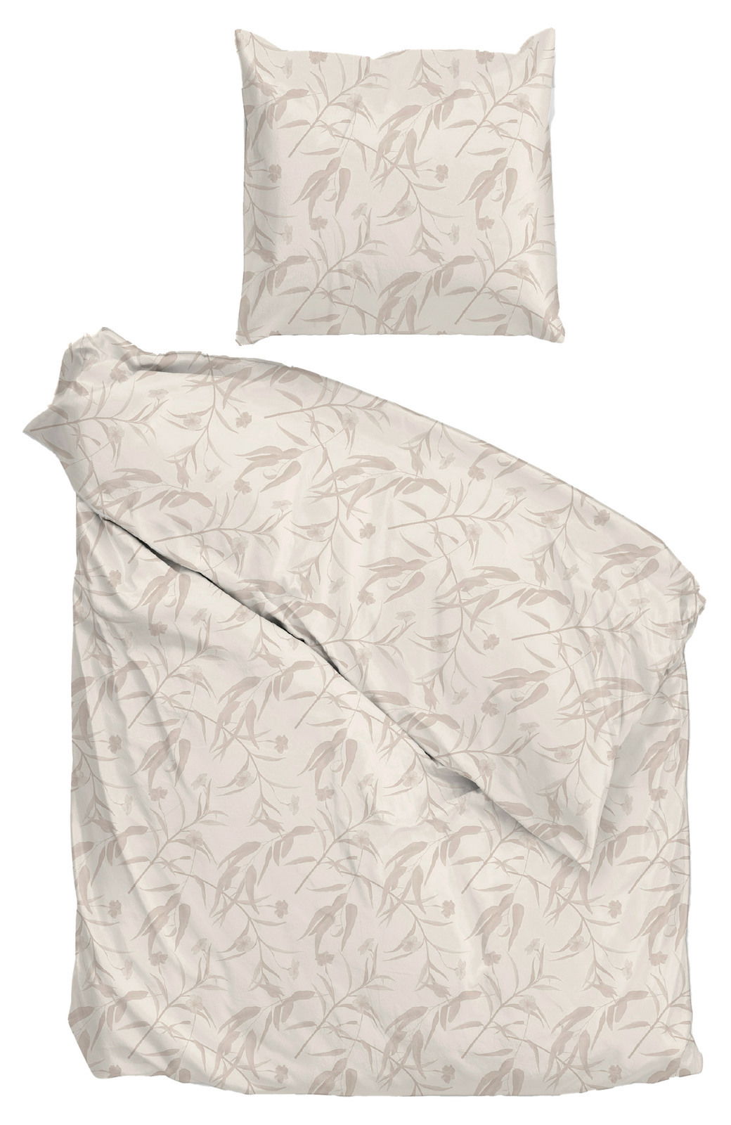 Bettwäsche-Set mit floralem Muster in Beige, bestehend aus einem Kissenbezug und einem Bettdeckenbezug, aus der Vogelperspektive fotografiert.