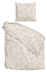 Bettwäsche-Set mit floralem Muster in Beige, bestehend aus einem Kissenbezug und einem Bettdeckenbezug, aus der Vogelperspektive fotografiert.