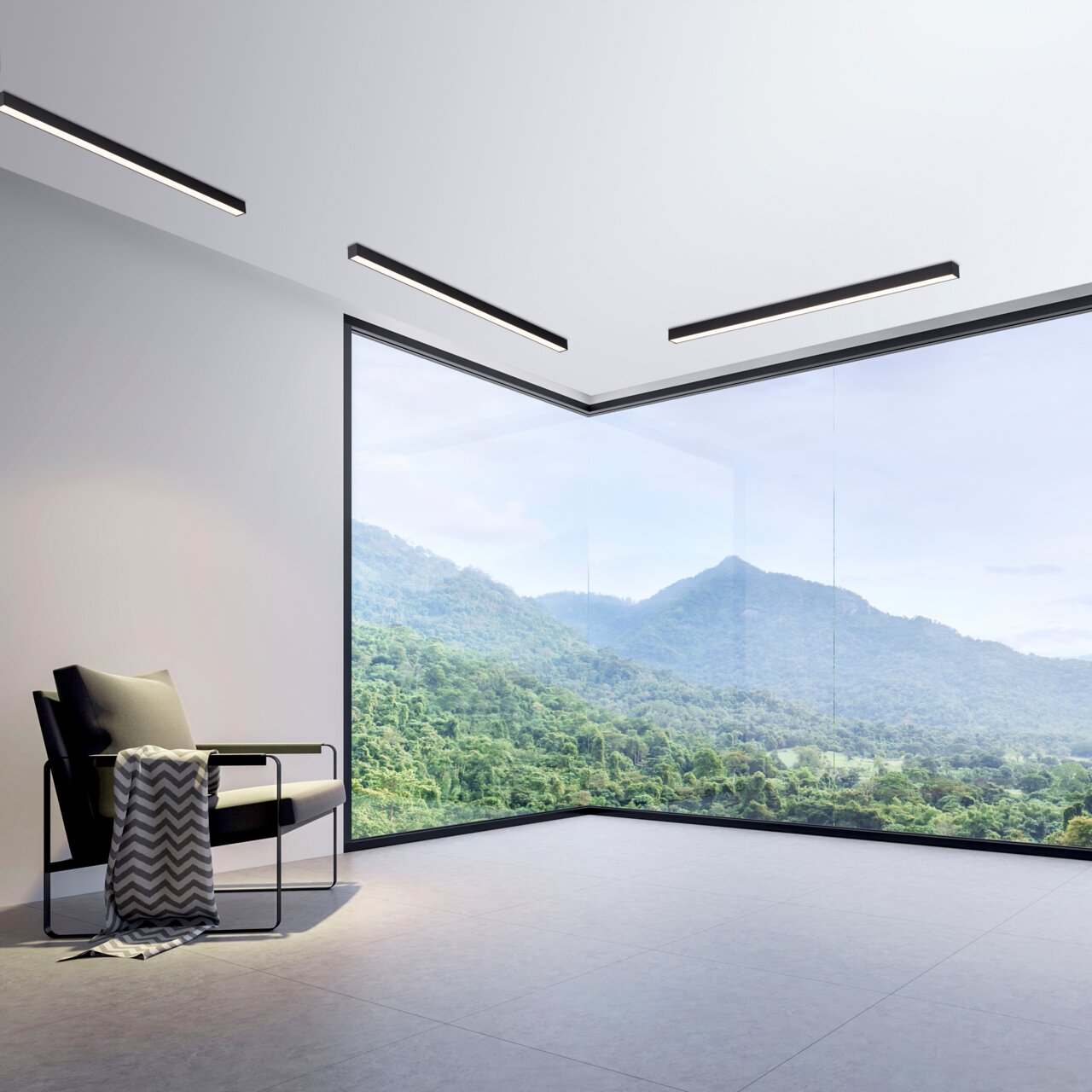 Moderne anthrazitfarbene Deckenleuchte PURE in einem eleganten Raum mit Panoramafenster und Blick auf eine grüne Landschaft, aus der Perspektive von unten betrachtet.