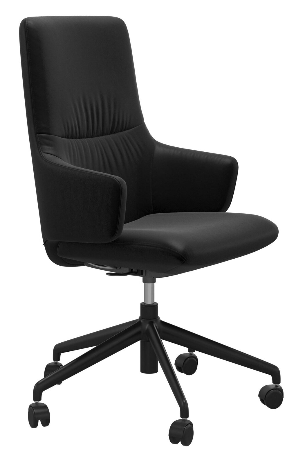 Schwarzer Drehstuhl mit hoher Rückenlehne und Armlehnen, seitliche Perspektive