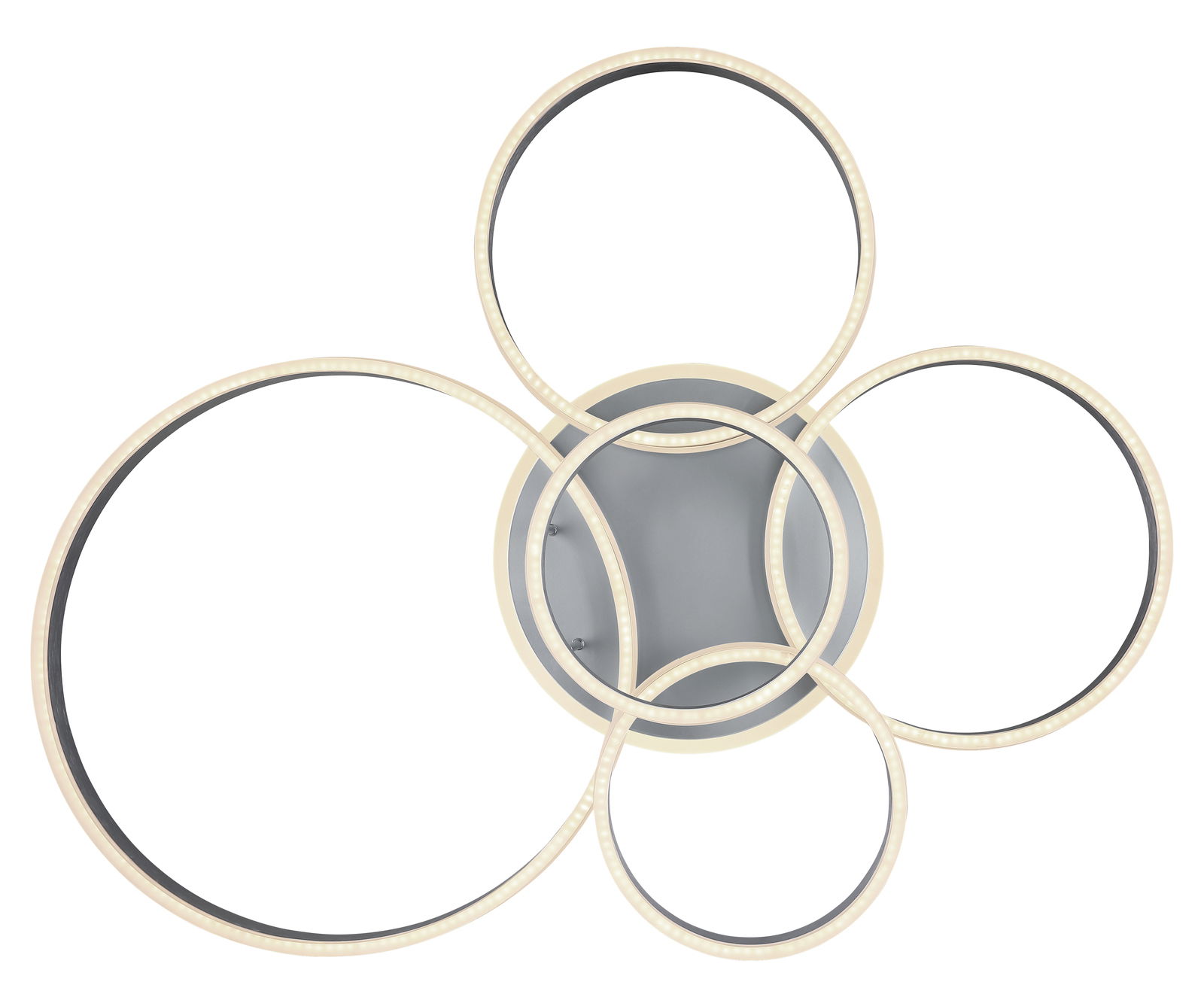 Moderne Deckenleuchte aus Metall in Grau mit mehreren ineinander verschlungenen LED-Ringen, Ansicht von unten.