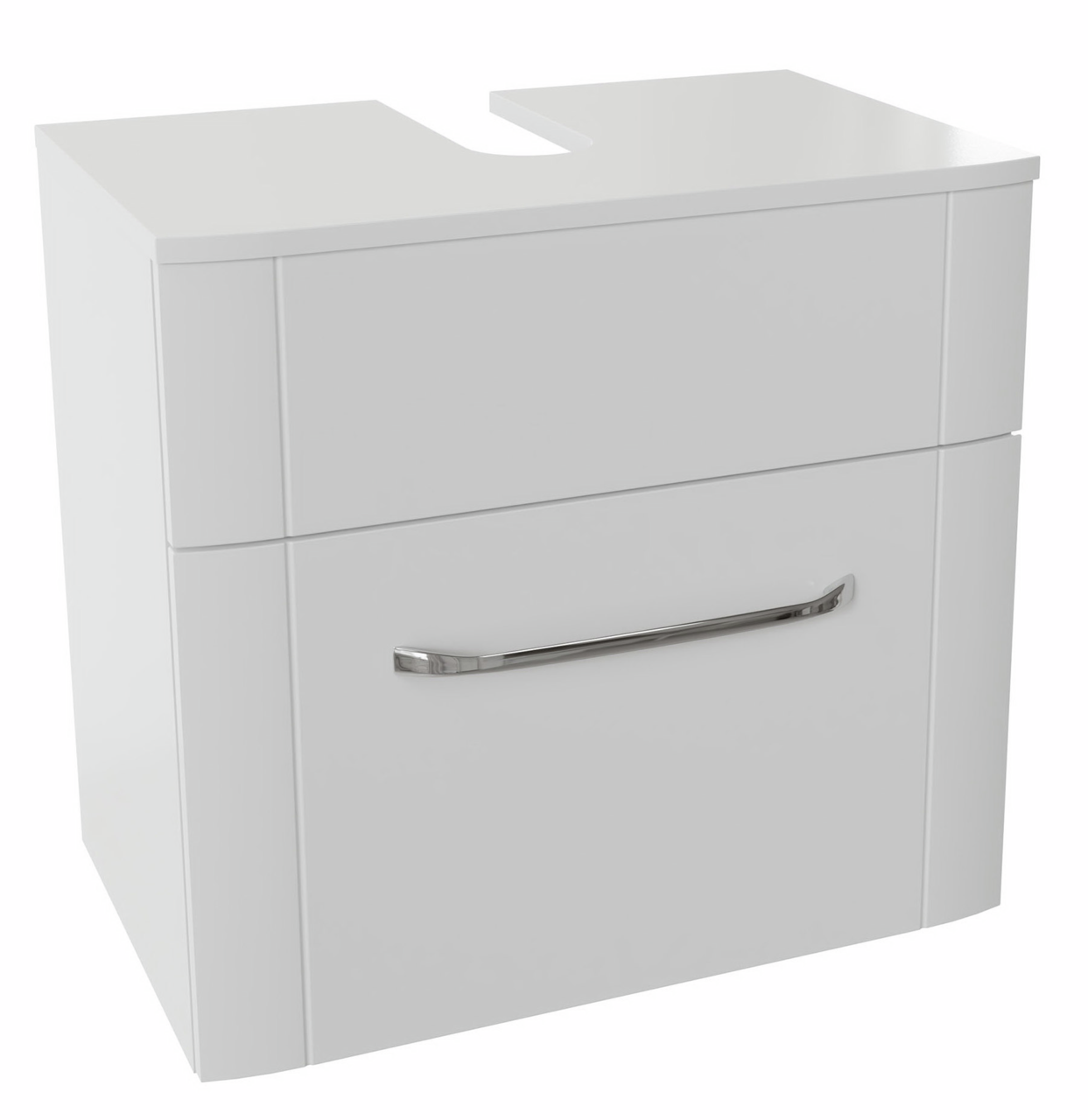Moderner weißer Waschbeckenunterschrank mit einer Schublade und einem eleganten Metallgriff, Frontalansicht.