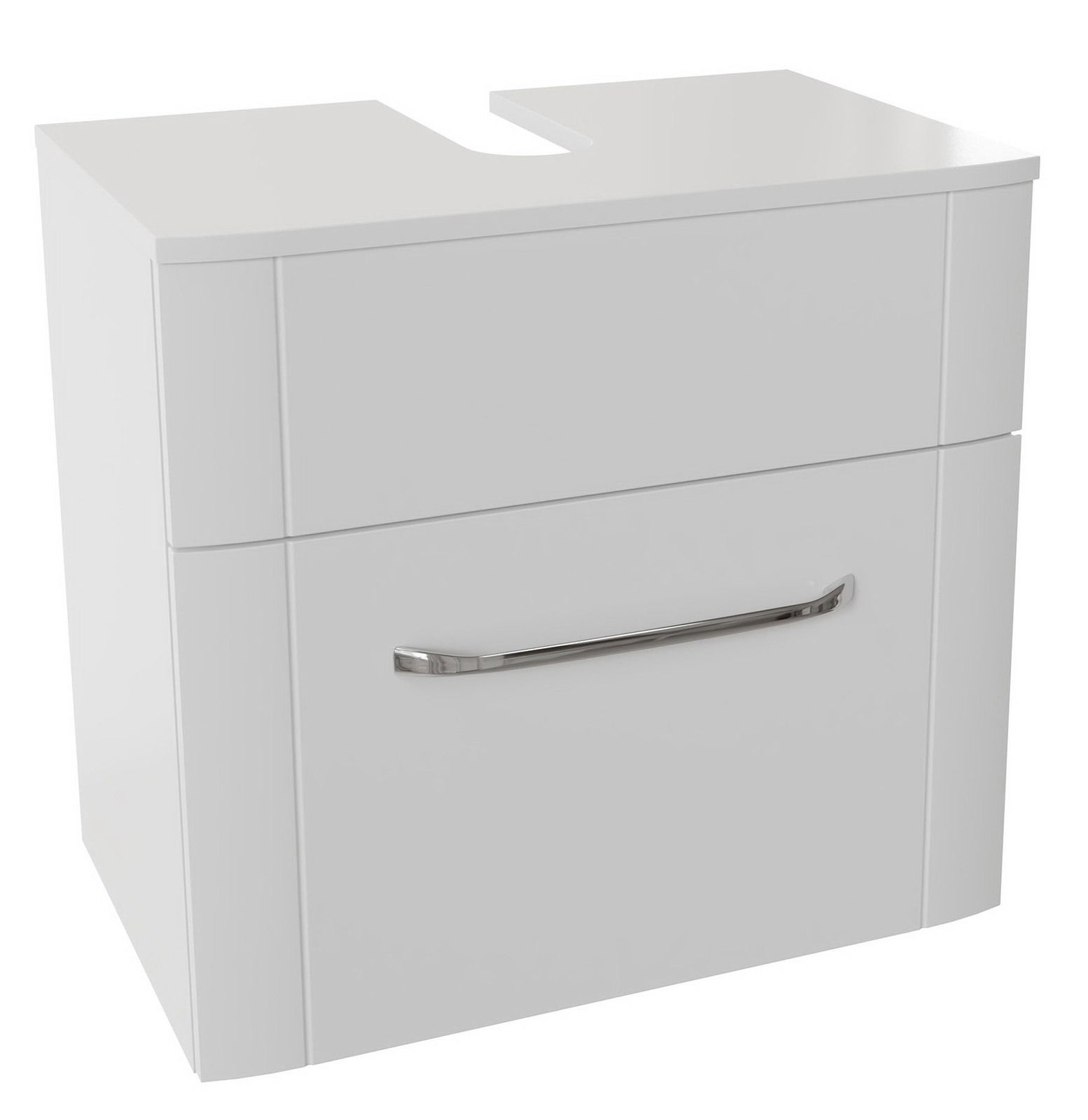 Moderner weißer Waschbeckenunterschrank mit einer Schublade und einem eleganten Metallgriff, Frontalansicht.
