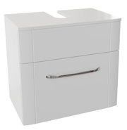 Moderner weißer Waschbeckenunterschrank mit einer Schublade und einem eleganten Metallgriff, Frontalansicht.